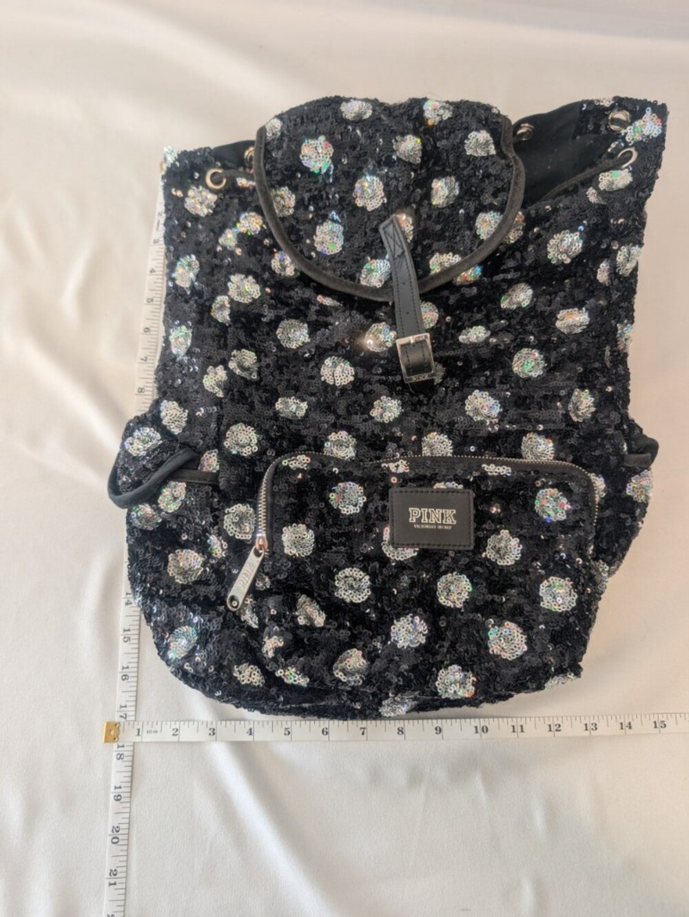 PINK Sequin Polka Dot Backpack in Black & Iridescent - Picture 2 of 11